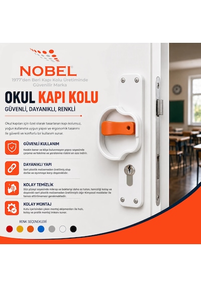 Okul Kapı Kolu Kreş, Anaokulu Ve Sınıf Kapıları İçin Çocuk Korumalı Emniyetli Dayanıklı Plastik Kapı Kolu - Beyaz Turuncu 5 Adet