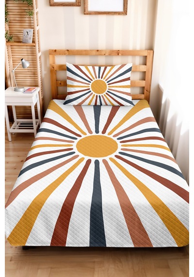 Güneş Işınları Bohem Genç Odası Tek Kişilik Pike Takımı - Retro Kiremit 160x220 Cm Yatak Örtüsü Beyaz