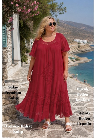 Cedy Denim Cedy Denım - Bohem Dantel Detaylı Volanlı Viskon Maxi Boy Elbise O1703 Kırmızı Cedy Denim Cedy Denım - Bohem Dantel Detaylı Volanlı Viskon Maxi Boy Elbise O1703 Kırmızı