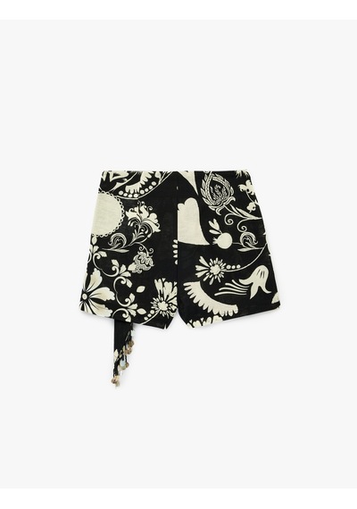 Koton Keten Karışımlı Bağlamalı Boncuklu Floral Desenli Kruvaze Mini Şort Etek Siyah Desenli 6sak40140ew
