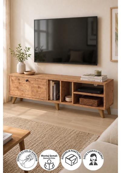 Tv Ünitesi 140 Cm Tv Sehpası Düşer Kapaklı Tv Ünitesi Televizyon Sehpası Sardinya Çam
