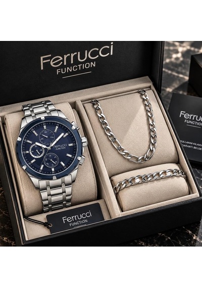 Ferrucci Fc-99616 Fonksiyonları Aktif Çelik Kordon Erkek Kol Saati+%100 Çelik Figaro Model Set Hediye Lacivert