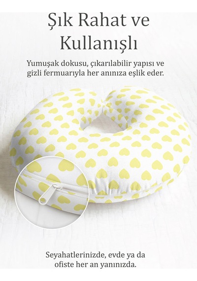 Sarı Kalp Desenli Pamuklu Boyun Yastığı - Sevimli Pastel Beyaz Sarı Seyahat Yastığı Pastel Yosunlu Ekru