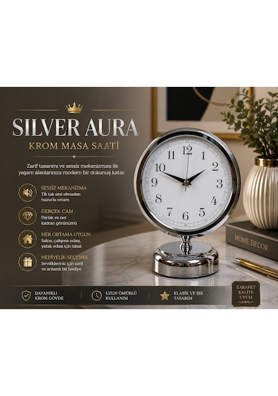 Noble Time 25 X 20 Cm Metal Krom Masa Saati Silver Aura Serisi
