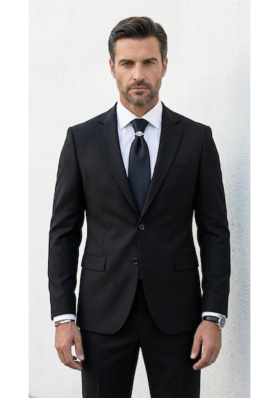 Erkek Slim Fit Klasik Ceket Dokulu Kumaş Modern Kesim Siyah