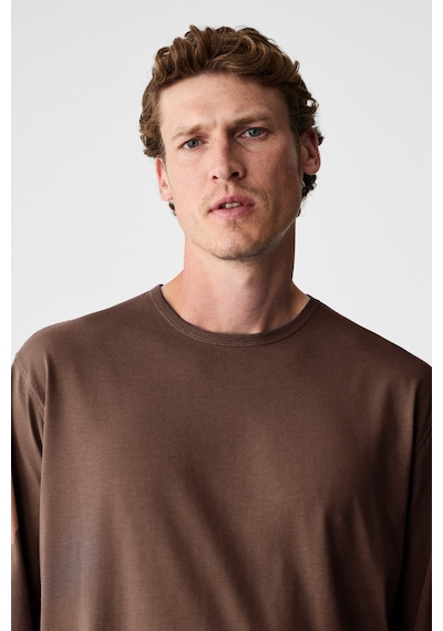 Grimelange Gravs Erkek %100 Pamuklu Yumuşak Kumaşlı Yuvarlak Yakalı Uzun Kollu Kahverengi T-shirt
