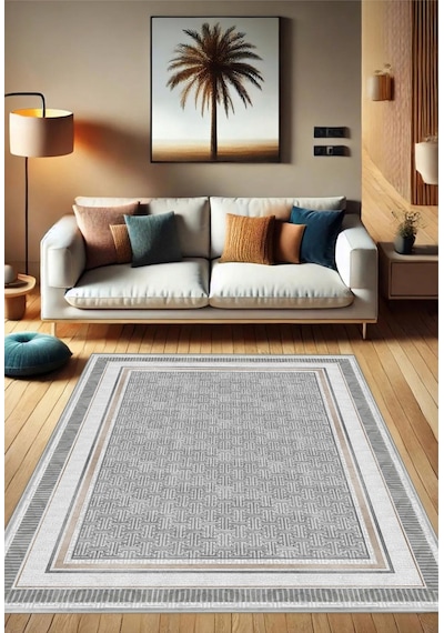 STY Home Gri Dijital Baskı Salon Halısı Kaymaz Tabanlı Yıkanabilir Halı Yolluk 414 Gri