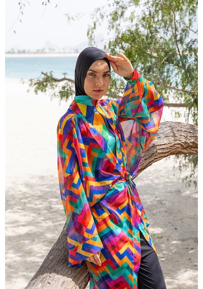 Remsa Mayo Remsa Tesettür Mayo Üzerine Tek Kaftan Kimono Pareo Rp016 Tetris Siyah
