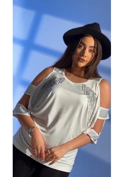 Elaxi Kanat İşlemeli Köprülü Kol Detaylı Taşlı Bluz Beyaz