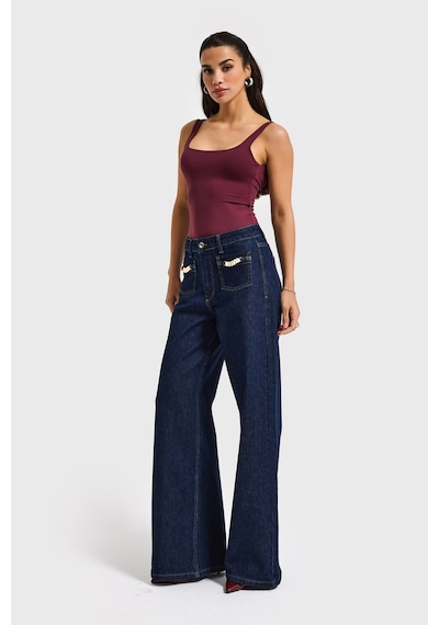 it's basic Kadın İndigo 7s6-50 Midrise Wide Leg Fit Viskon Kumaş Aksesuar Detaylı Denim Jean