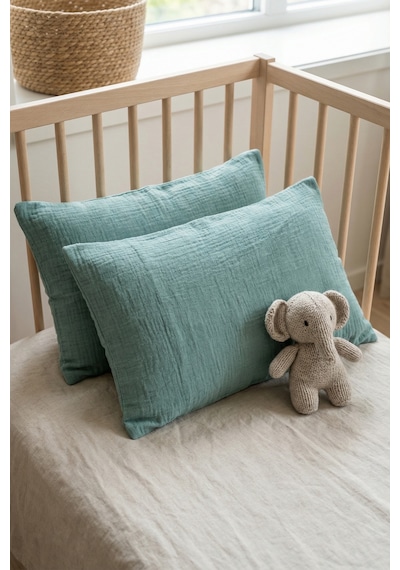 Çift Katlı Müslin Çocuk Yastık Kılıfı %100 Pamuk 35x45 cm 2’li Bebek Çocuk Kılıf Seti Yeşil