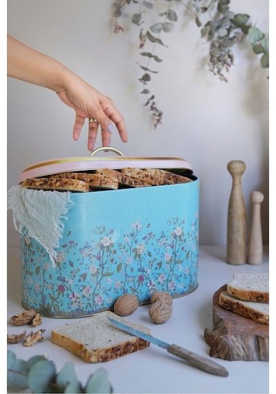 Flora Desenli Oval Ekmek Kutusu, Metal Ekmeklik, Ekmek Sepeti, 10,4 Lt Desenli