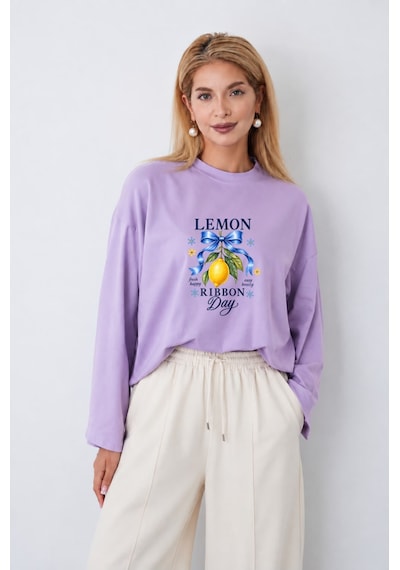 Medinenur Limon Baskılı Uzun Kollu Tesettüre Uygun Body Lila
