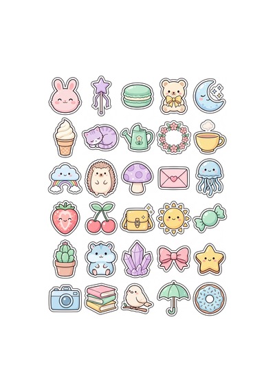 30 Adet Pastel Hayvanlar Ve Tatlılar Sticker Seti - Defter Telefon Ajanda Çok Renkli