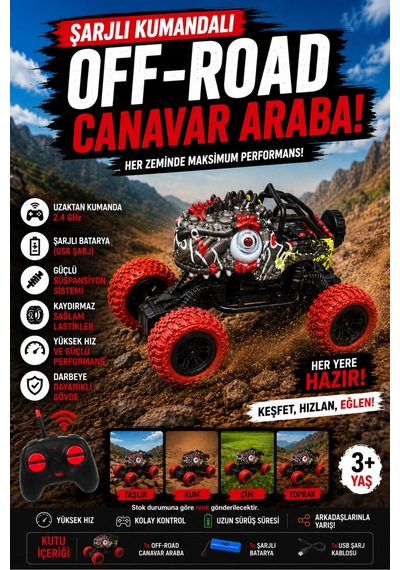 Uzaktan Kumandalı Şarjlı Off-road Canavar Araba 2.4 Ghz Güçlü Süspansiyonlu Siyah