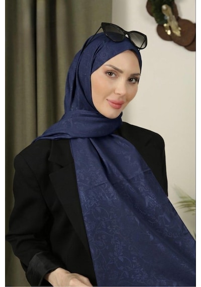 Flora Tekstil Çiçekli Desen İnce Medine İpeği Jakar Şal Lacivert