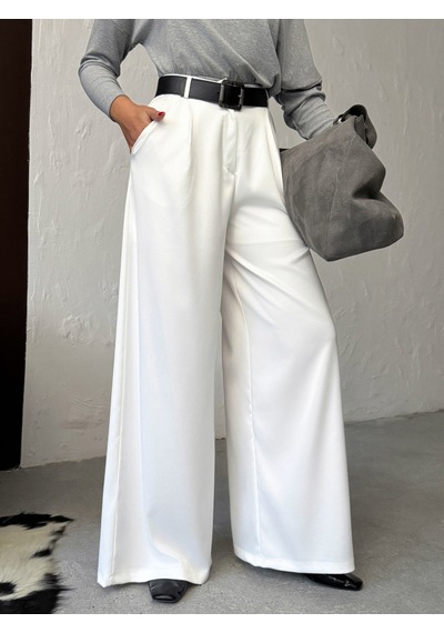 Verymoda Yüksek Bel Bol Paça Saten Pantolon Şık Ve Rahat Tasarım F2052 Krem