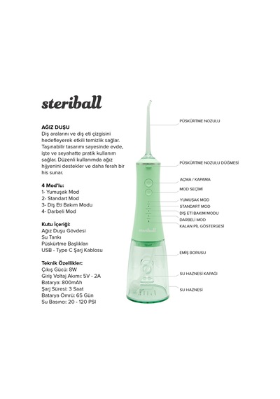 Steriball Oral Irrigator Ağız Duşu Yeşil - 4 Temizlik Modu 360 Dönebilen Başlık 0,60 Mm İnce Su Akışı Yüksek Frekanslı Su Darbesi