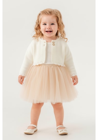 Mnk Baby & Kids Triko Bolerolu Kız Bebek Elbise M00772 Krem