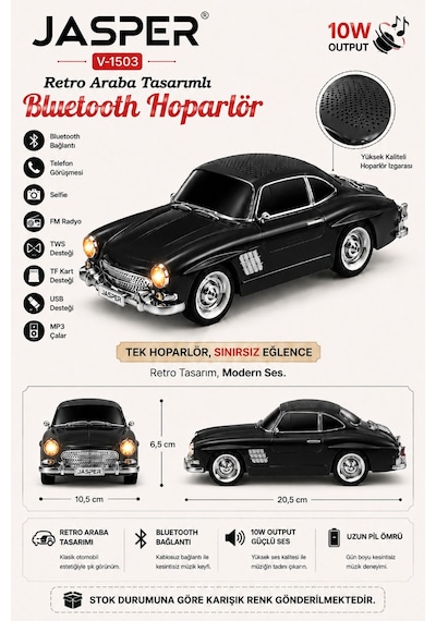 Jasper Jpr-1503 Siyah 10w Bluetooth Hoparlörlü Retro Araba Tasarım Fm Radyo, Usb, Tf Kart, Aux Ve Mp3 Çal
