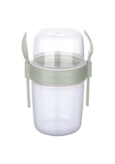 1100 Ml Çift Hazneli Çatal Kaşıklı Müsli Yulaf Diyet Atıştırmalık Yemek Taşıma Saklama Kabı - Yeşil Çok Renkli