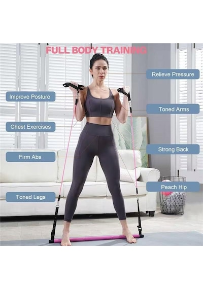 Valkyrie Full Vücut Pilates Bar Seti Egzersiz Çubuğu Ayarlanabilir Evde Onlarcak Farklı Spor Jimnastik Olanağı Kapı Askılı Çantalı Pembe