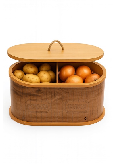 Dekorasyaa 2 Bölmeli Patates Soğanlık - Bambu - Oval Natural Desen Ahşap