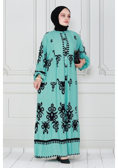 Sevitli Hakim Yaka Robalı Viscon Elbise-mint Yeşili-4047 - Mint Yeşili