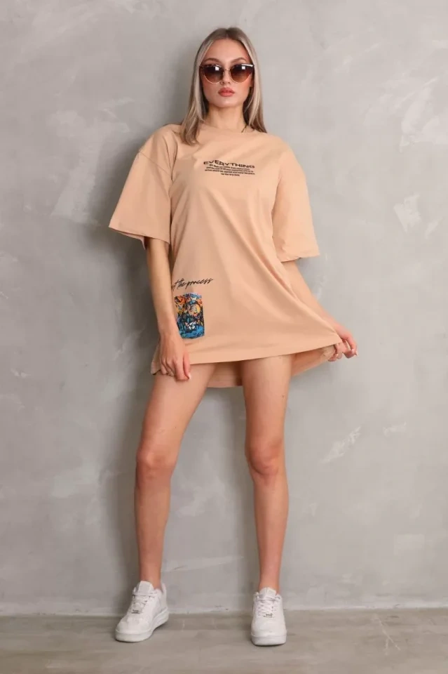 Periliçekeçe Unisex Bisiklet Yaka Baskılı Oversize T-shirt - Bej