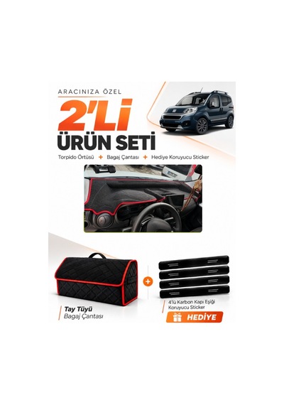 Fiat Fiorino Tam Kapalı 2007-2026 Uyumlu Torpido Örtüsü + Tay Tüyü Çanta Seti - Siyah Kırmızı