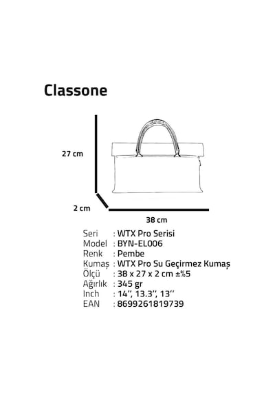 Classone Byn-el006 Wtxpro Su Geçirmez Kumaş 13-14 İnch Bayan Laptop, Notebook, Apple Uyumlu MacBook Air El Çantası- Tote Bag- Pembe
