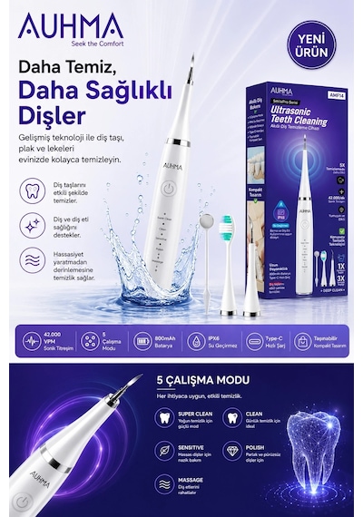 Ultrasonic Şarjlı Elektrikli Akıllı Diş Temizleme Cihazı Beyazlatıcı 5 Mod 3+1 Başlık, Ipx8 Su Geçir