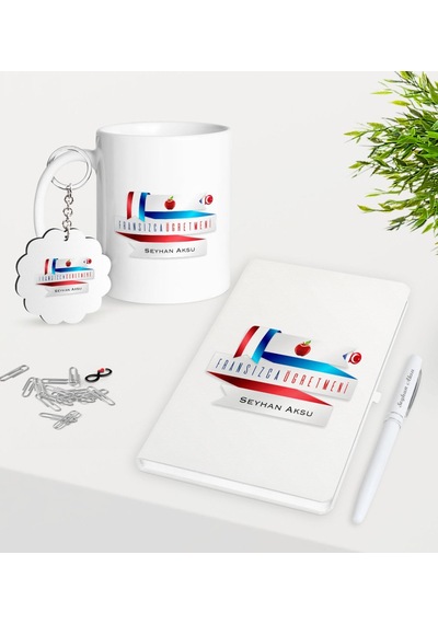 Kişiye Özel Fransızca Öğretmeni Kupa Anahtarlık Beyaz Defter Kale N11.5546