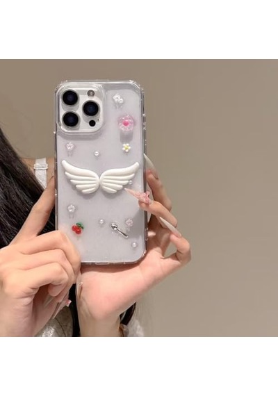 3d Melek Kanatlı Çiçekli Şeffaf Simli İphone 15 Plus / 14 Plus Uyumlu Kılıf Kamera Korumalı, Darbe Emici Silikon