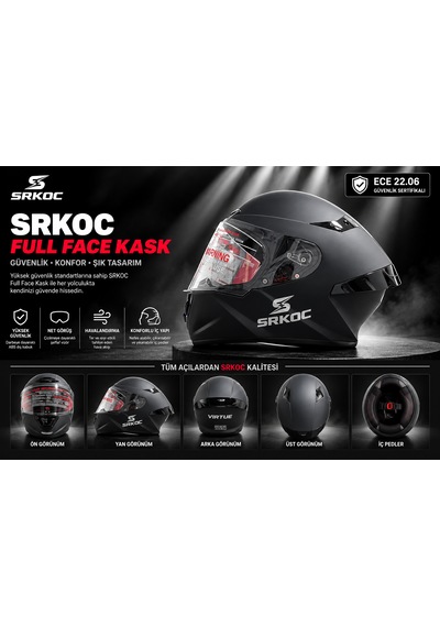 Srkoc İntercom Uyumlu Full Face Ece 22.06 Sertifikalı Mat Siyah Motorsiklet Kaskı
