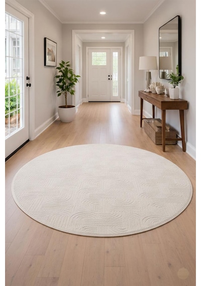 Raschel Carpet Premium Yuvarlak Yıkanabilir Leke Tutmaz Bohem Yolluk Halısı Özel Seri Kaymaz Taban Halı Krem