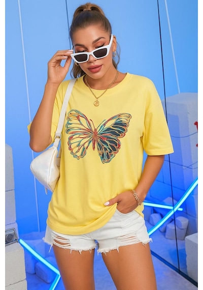 Kelebek Baskılı Oversize Siyah T-shirt Sari