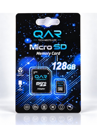Qar Microsdxc Hafıza Kartı 128 Gb, Sd Adaptörlü, U1 Class 10, 100 Mb/s