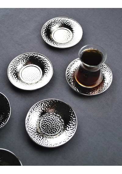 6 Adet Metal Çay Tabağı Dövme Desenli Çay Tabak 10 Cm Gümüş