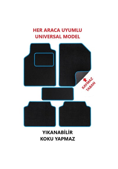 Oto Motto Universal Oto Halı Paspas Kaymaz Tabanlı Araba Paspası Mavi Kenarlı 5 Parça