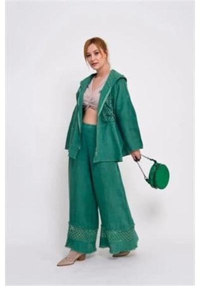 Bohem Stil İtalyan Fisto Detaylı Keten Pantolon-8748 Gucci Yeşil