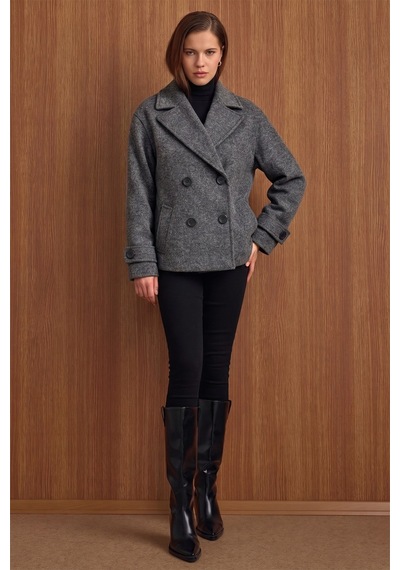 Olcay Ceket Yaka Oversize Kısa Kaban Koyu Gri 3204