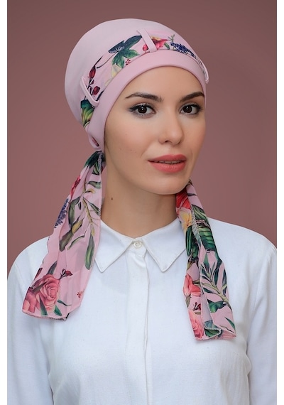 Hürrem Bone Pudra Pratik Hazır Geçmeli Tesettür Bone Sandy Kumaş Desenli Şifo (545490921) Pudra