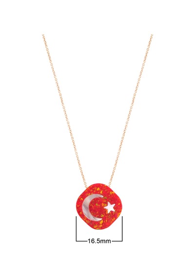 Altın Kaplamalı Opal Taşlı Türk Bayrağı Desenli Gümüş Kolye Gold - Rose Gold - Gümüş
