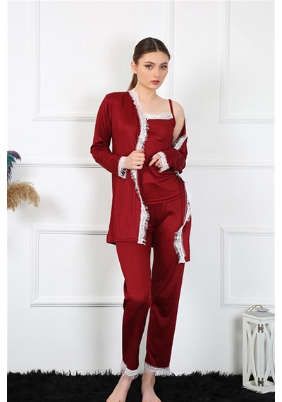 İbrahim Burak Etiler Collection Moda Çizgi Kadın 3'lü Bordo Sabahlık Takım 16108