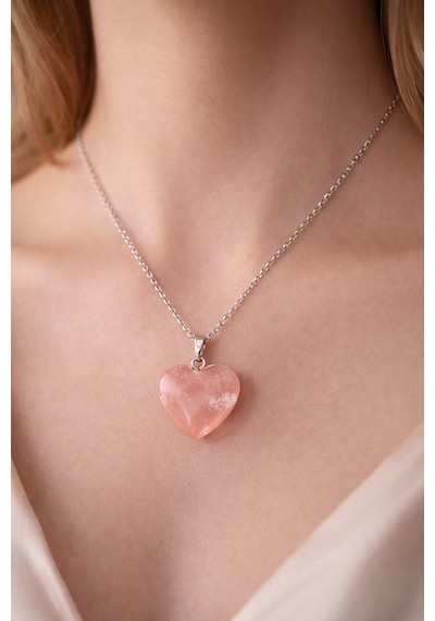 Doğal Pembe Kuvars Taşı Kalp Kolye - Aşk Ve Sevgi Taşı Açık Pembe
