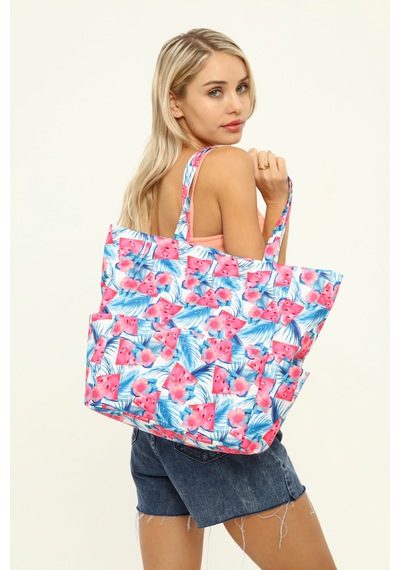 İcone Bag Kadın Çantası, Fonksiyonel Baskılı Plaj Çanta, Beach Bag, Karpuz Tropical Desenli Fermuarlı Çanta Mavi - Kırmızı