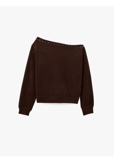 Koton Uzun Kollu Zımba Detaylı Asimetrik Kayık Yaka Omzu Açık Sweatshirt Kahverengi 7wak10064ek Kahve