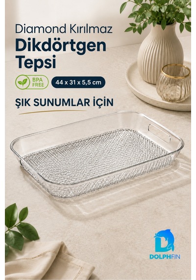 Diamond Kırılmaz Dikdörtgen Servis Tepsisi 44x31 Cm Kulplu Şeffaf Bpa İçermez