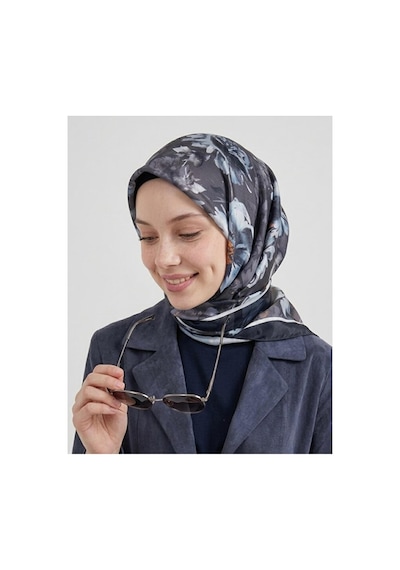 Bushu Çiçek Ve Desenli Twill Eşarp İndigo